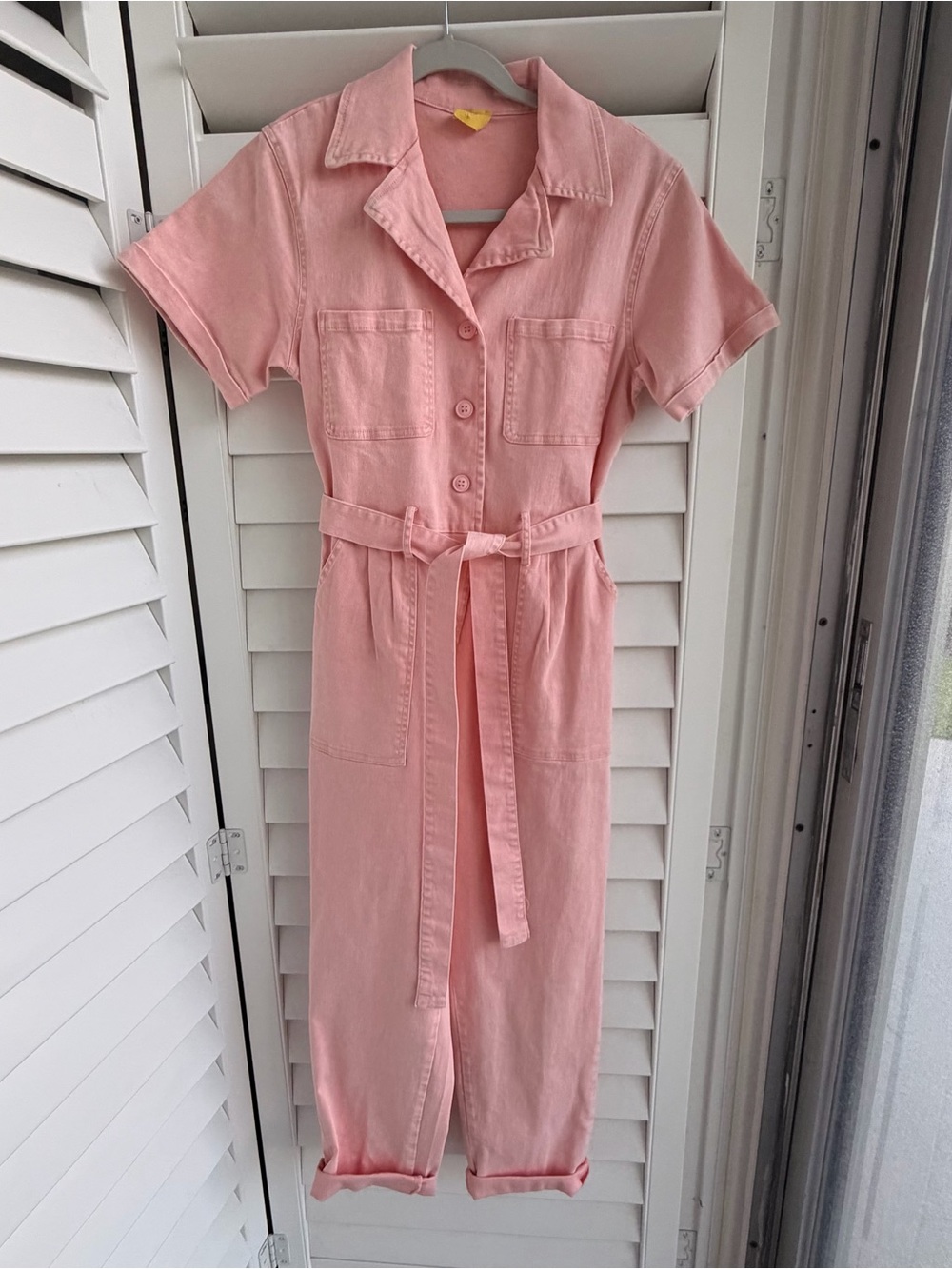 Coast Pink short-sleeve utility denim jumpsuit